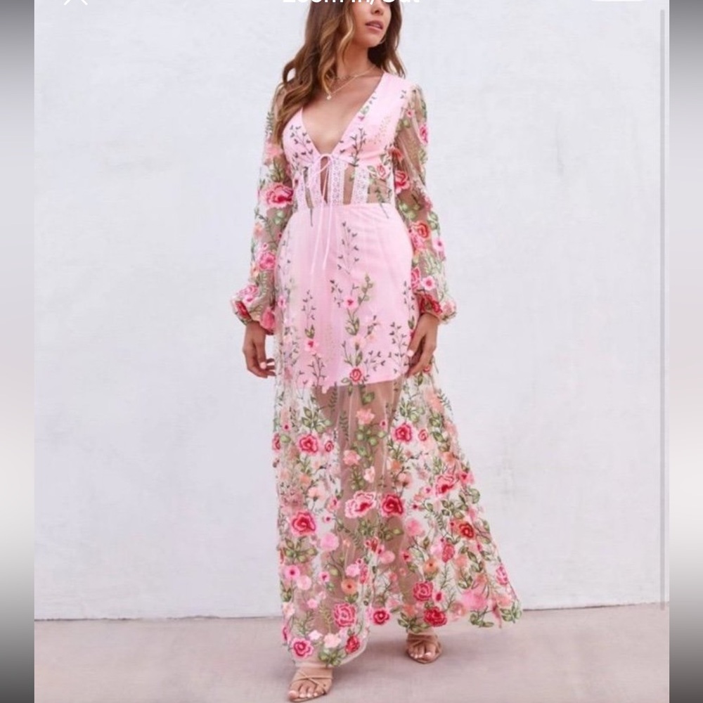 Vici Forever Love Story Sheer Floral Embroidered Maxi Dress